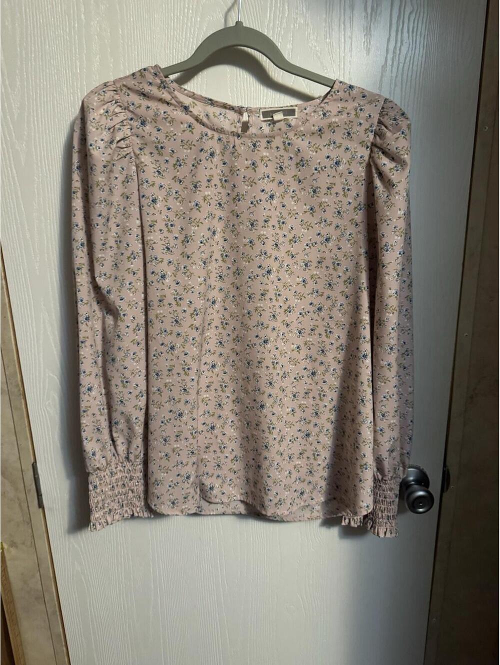 Pleione Womens Blouse Size Large Blush Pink Blue Floral Ditsy Puff Sleeve BOHO